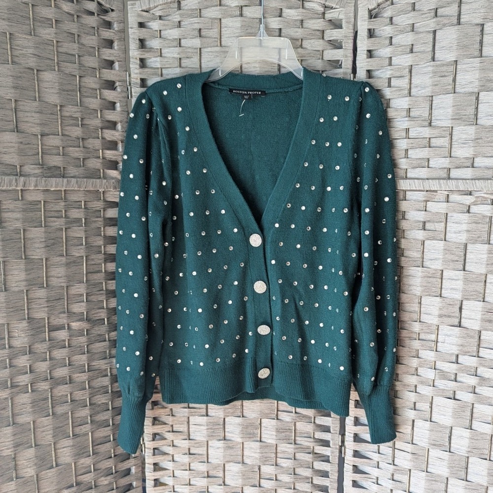 Cardigan Sweater Green V-Neck Rhinestone Jeweled Button Front Sz S Festive Glam